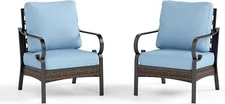 Patio Chairs Set of 2 Outdoor Rattan Metal Chairs with Extra Thick Cushion Blue
