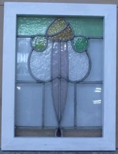 OLD ENGLISH LEADED STAINED GLASS WINDOW PRETTY FLORAL 13 3/4" x 18"