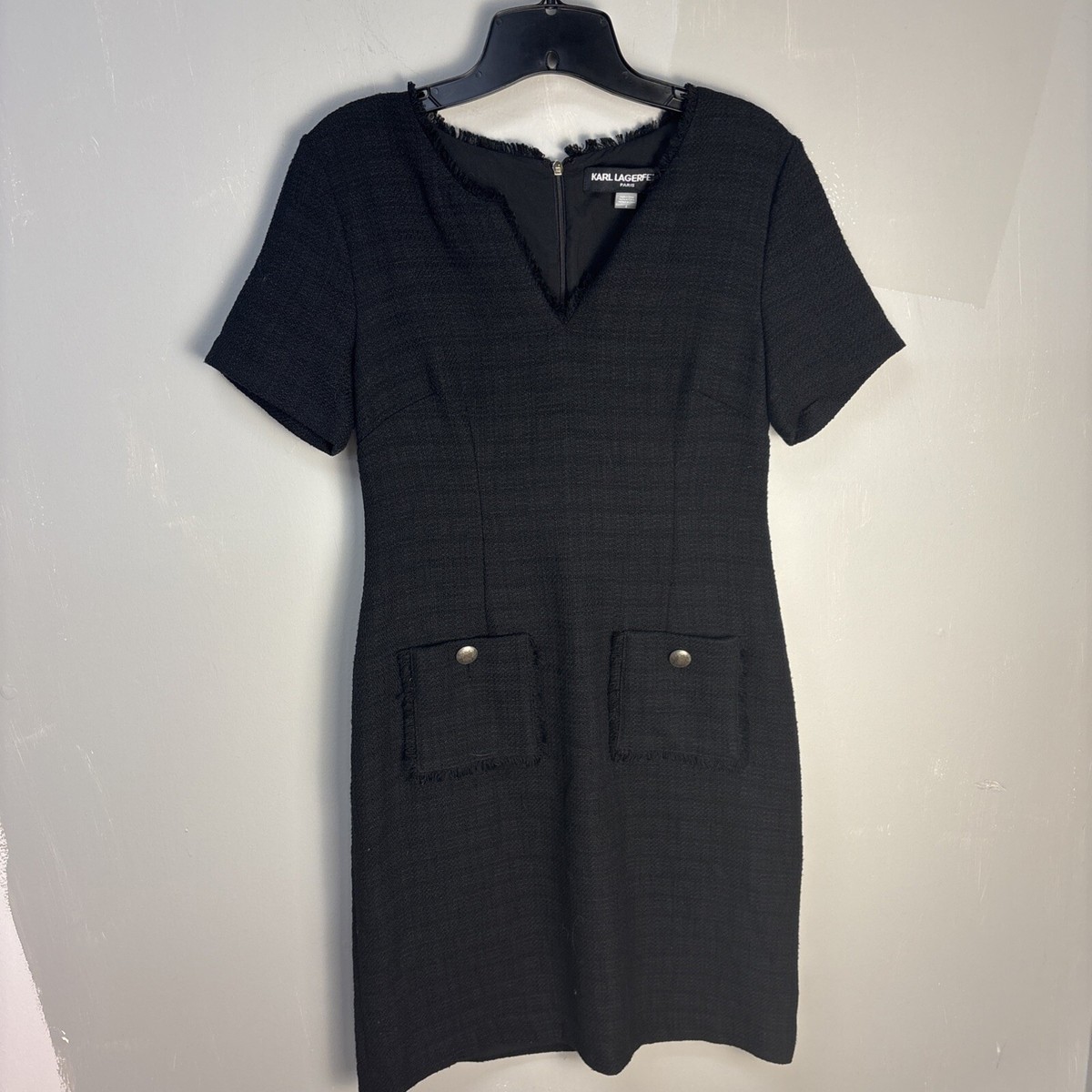 Karl Lagerfeld パールボタン 半袖 ツイード Aライン ドレス JENNNY】ツイードベアトップフレアドレス/パールボタン/谷間見せ