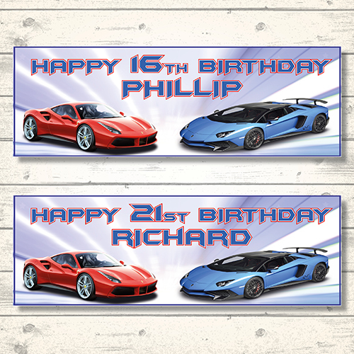 2 PERSONALISED FAST CARS FERRARI LAMBORGHINI BIRTHDAY BANNERS - ANY NAME/AGE - Picture 1 of 3