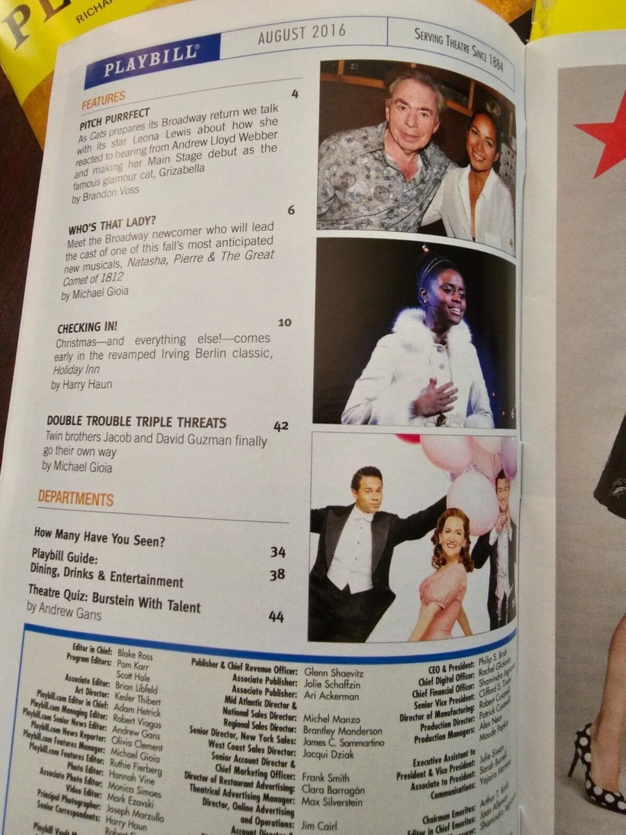 Hamilton Playbill Broadway August 2016 Partial Original Cast