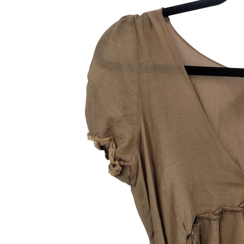 Vintage Brown Midi Peasant Dress Sz XL Silk Puff Sleeve Lettuce Ruffle Baby Doll - Picture 7 of 18