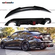 LED Rear Bumper Diffuser & PSM Trunk Spoiler Gloss Black For 14-17 Infiniti Q50
