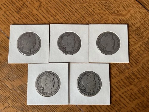 Barber Halves 50C Silver U.S. Coins (5)