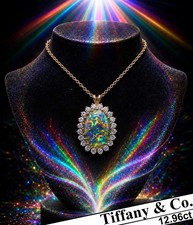 TIFFANY & CO. Diamond Necklace 14K Gold 12.96ct Opal Diamond Pendant VINTAGE |NR