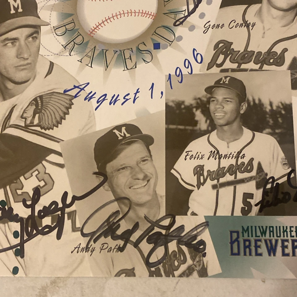 Mantilla Gene Conley-Felix-John Logan-Andy Pafko firmada 96 Milwaukee Braves Day Foto 3 de 4