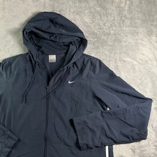 VTG Nike Hooded Full Zip Windbreaker Jacket Y2K L 12-14 Navy Blue White Stripe