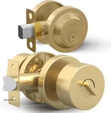 Entry Door Knob and Single Cylinder Deadbolt Lock and Key Combo Pack Satin Brass