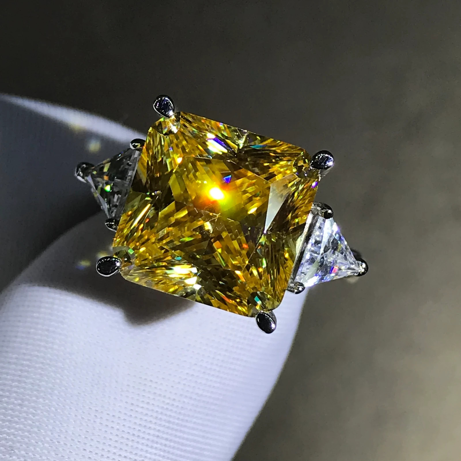 6Ct Square Radiant Vivid Yellow 10K Gold 4-Claw Three Stone Moissanite Ring  