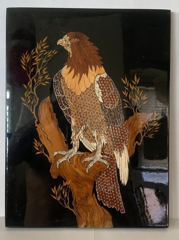 Vintage 1960's Lacquer Granite Wood Hand Made Colorful Eagle Black Plaque 16x11
