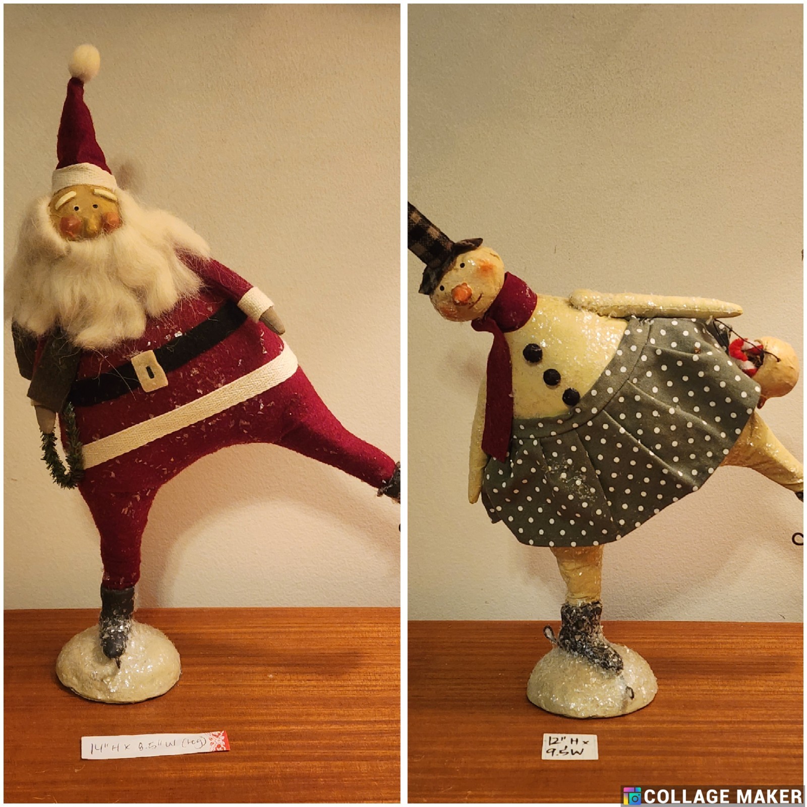 2 Vintage Christmas Dancing Santa Claus & Snowman Primitive Folk Art 14"H & 12"H