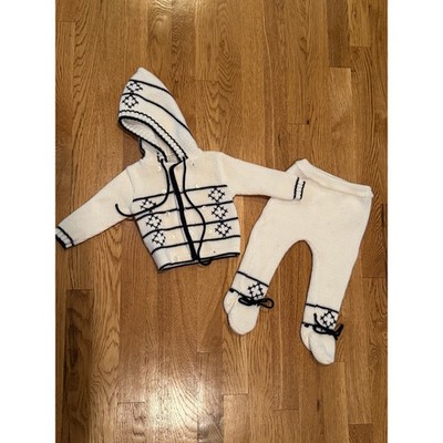 Vintage Knit Sweater Set Kids 0-9 Months White Navy Blue Hooded Cardigan Pants
