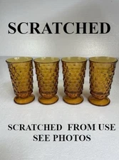 Indiana Glass Footed Iced Tea Glasses Amber Set of 4 Vtg  SCRATCHED FROM USE