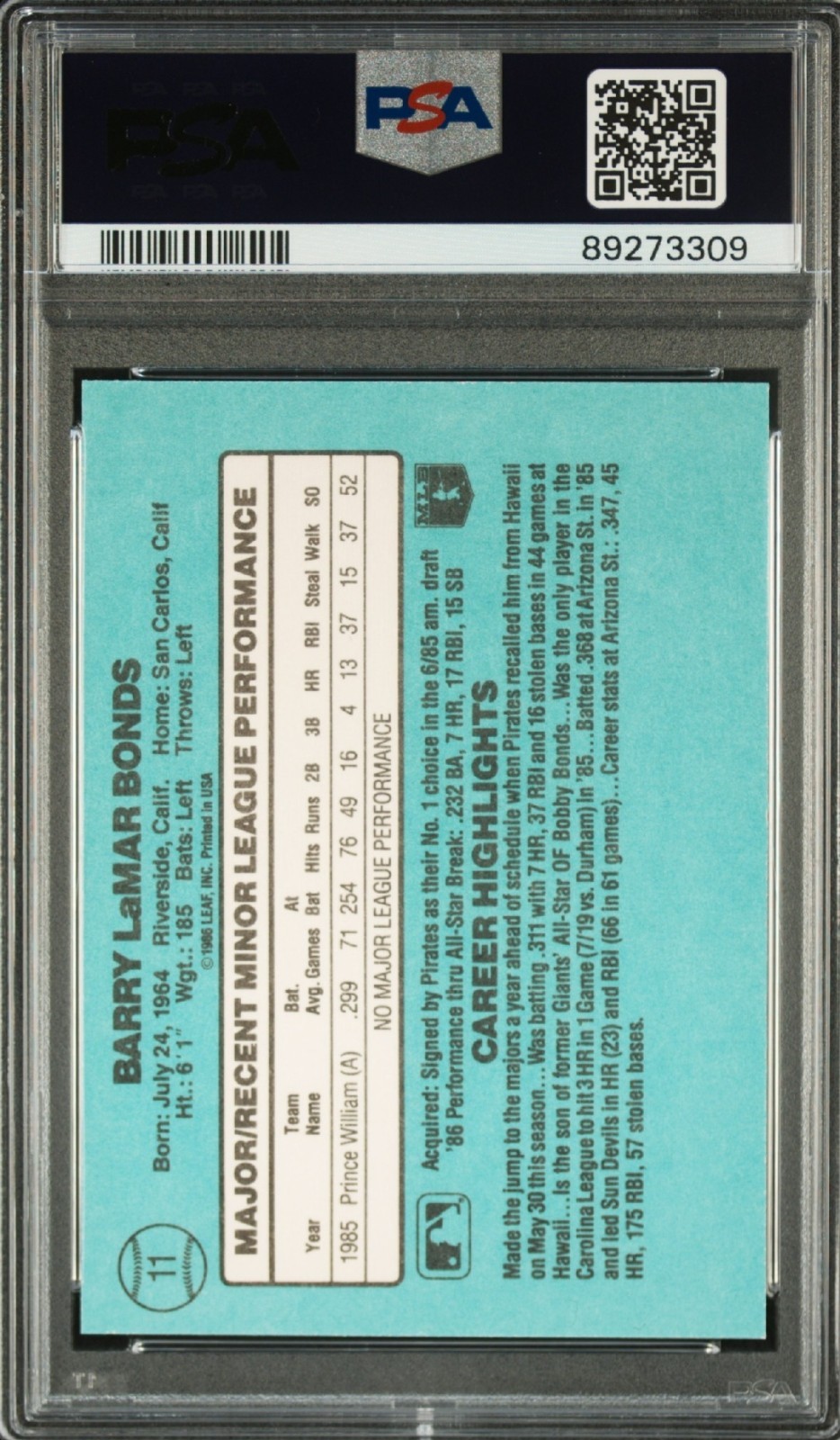 1986 Donruss Rookies Barry Bonds PSA 10 #11 GEM MINT RC Pop 1894 view 2