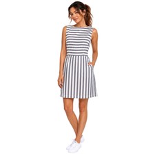 Ann Taylor Womens 4 Linen Blend Striped Sleeveless Sheath Dress Navy White Tan