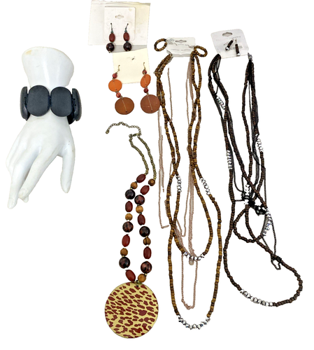 Boho Costume Jewelry Lot w. Wood & Brown Tone Necklaces Earrings
