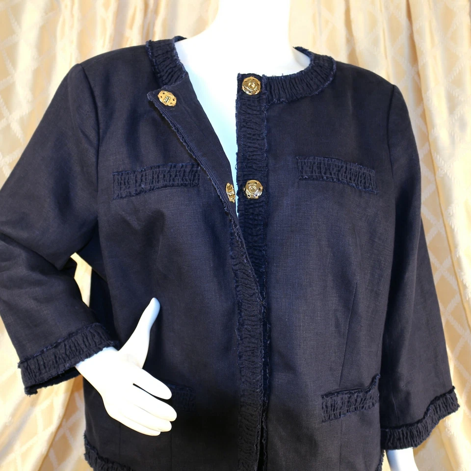 Abrigo Chaqueta Mujer MICHAEL KORS Precio Etiqueta $1,000 Nuevo Azul Lino Sólido Talla 18 W Foto 3 de 4