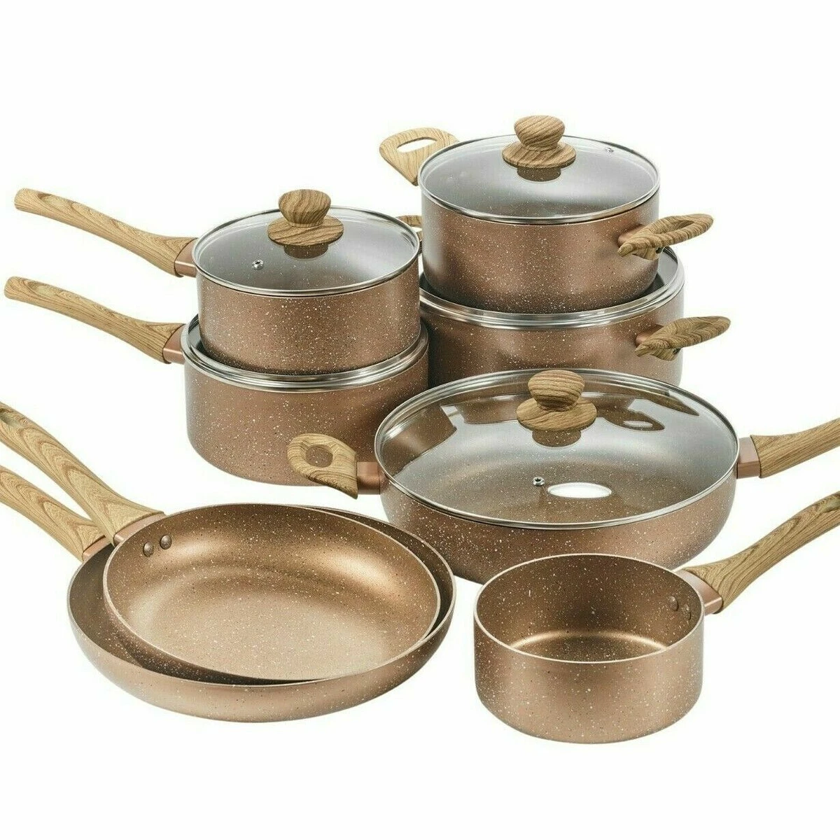 8 PCS Ceramic Coated Rose Gold Induction Cooking Pots Frying Pan