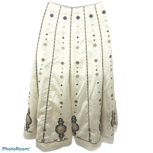 Silk Blend Skirt Womens 8 Beaded Embroidered Lined Side Zip Midi Ivory A-Line - Picture 2 of 9
