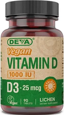 DEVA Vegan Vitamin D3 1000IU 25mcg Supplement, Lichen Plant Derived, 90 Tablets