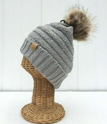 RABBIT FUR - Knitted Stretch Beanie Grey Amazon.com: surell - Rex Rabbit Fur Textile Knit Beanie with  main image 2