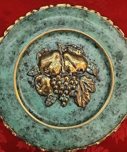 2 platos colgantes de latón en relieve turquesa real decoración de pared fruta floral ITALIA - Imagen 3 de 10