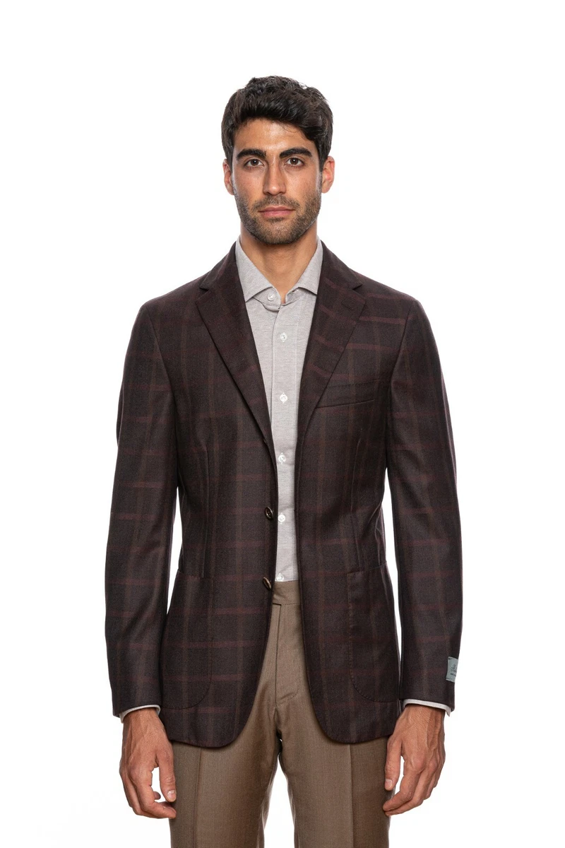 $2095 BELVEST Dark Burgundy Wool 120's Check Jacket 46 US 56