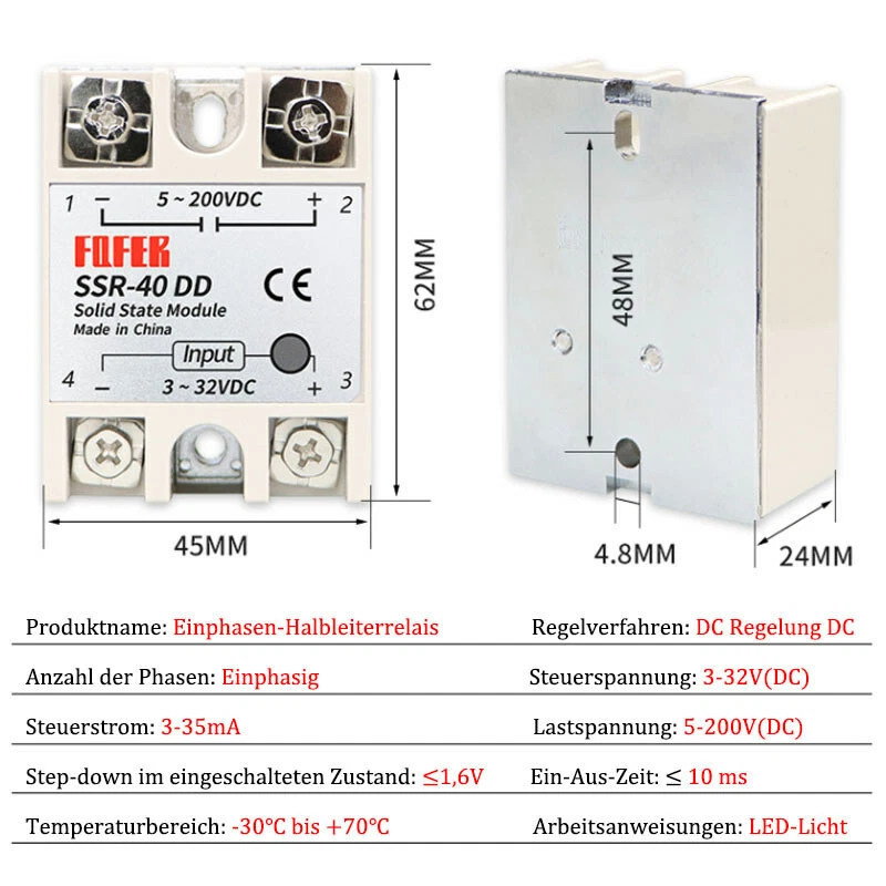 10/25/40/60/80/100A Einzelphase Halbleiterrelais Modul SSR DC 3-32V zu DC 5-200V - Bild 3 von 4