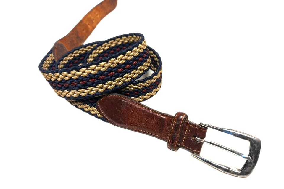 Brighton Stretch Nylon Woven Belt Braided Blue Red Pattern Leather Brass Sz 36 - Image 4 of 4