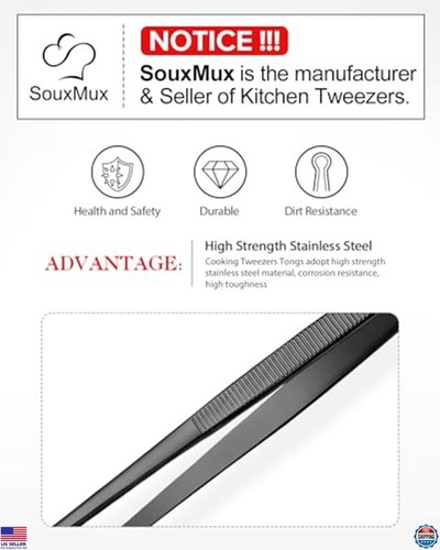 12" Stainless Steel Cooking Tweezers Tongs, Serrated Tips for BBQ & Plating - Picture 4 of 6