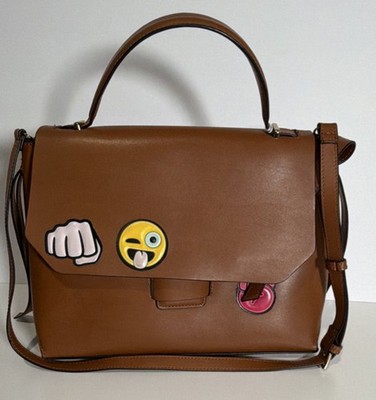 Zara Basic Brown Satchel Bag Emoji Rainbow Applique Gold Hardware