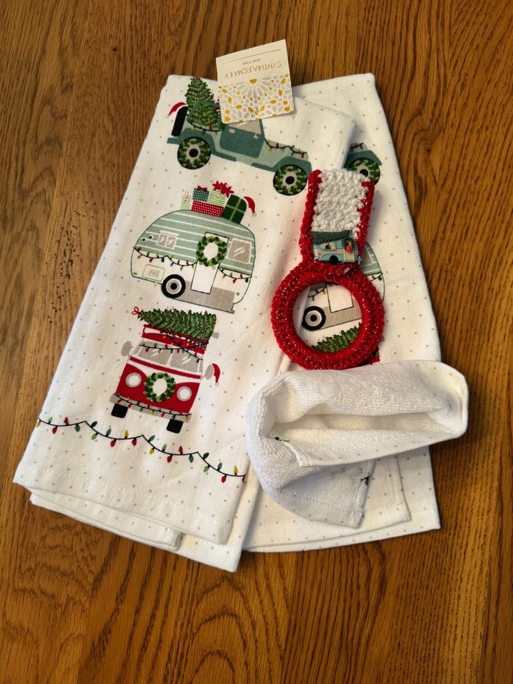 " Christmas Camper ,Jeep,Van " towels with crochet towel ring holder (3pcs set) - Image 2 of 3