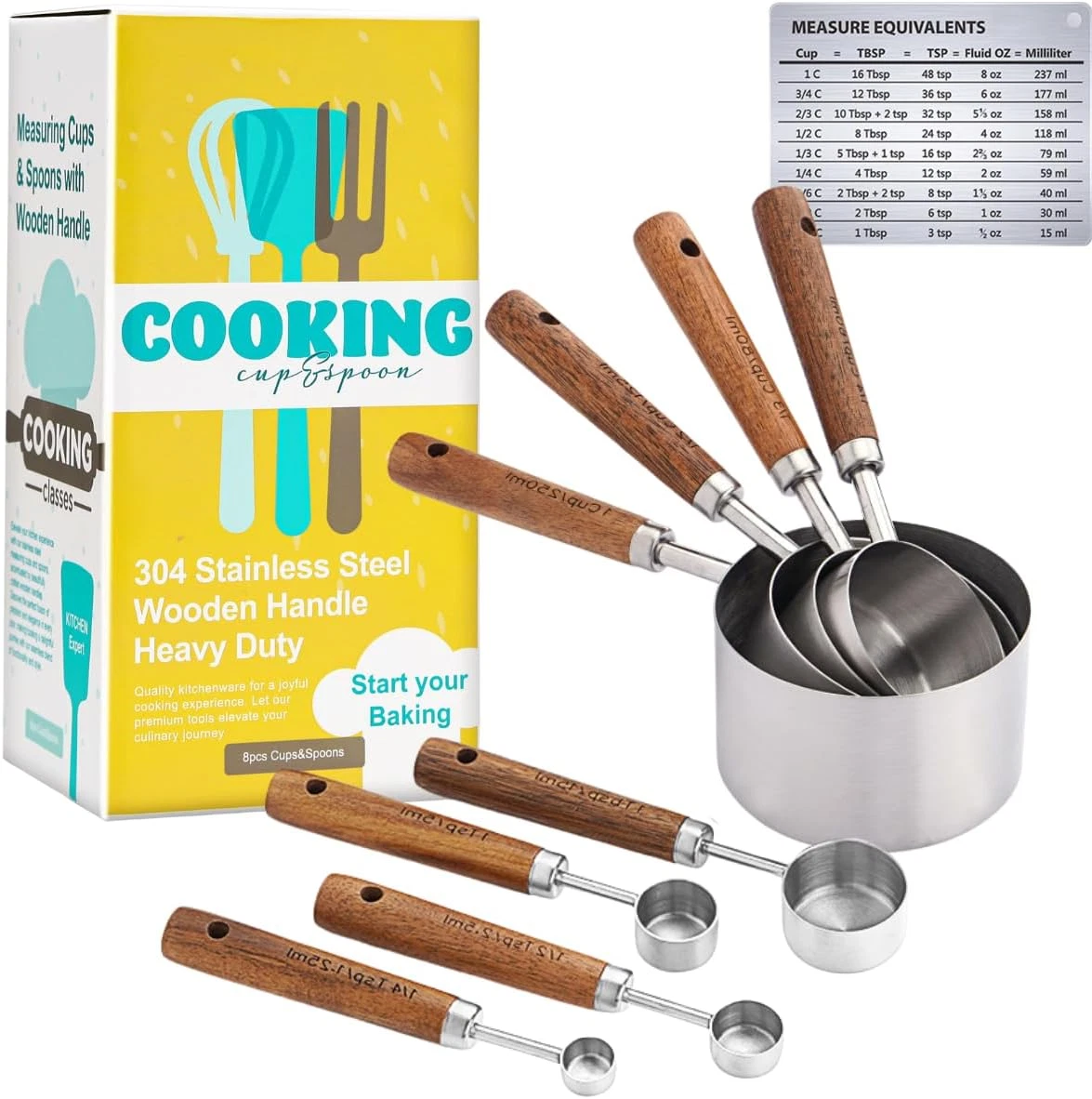Measuring Cups and Spoons Set with Wooden Handle, 8 Pieces Stainless Steel Measu