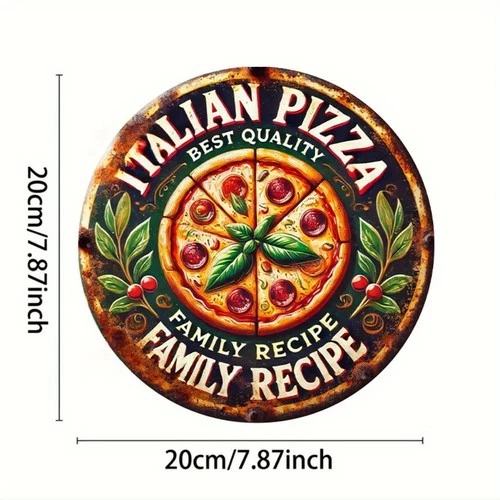 Round Vintage Italian Pizza Family Recipe Tin Metal Signs Home Décor 8x8