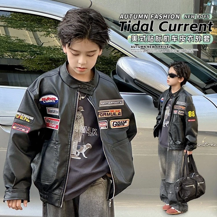 Черный цвет искусственной кожи мальчиков kids кроличьего PU куртка - Изображение 3 из 4