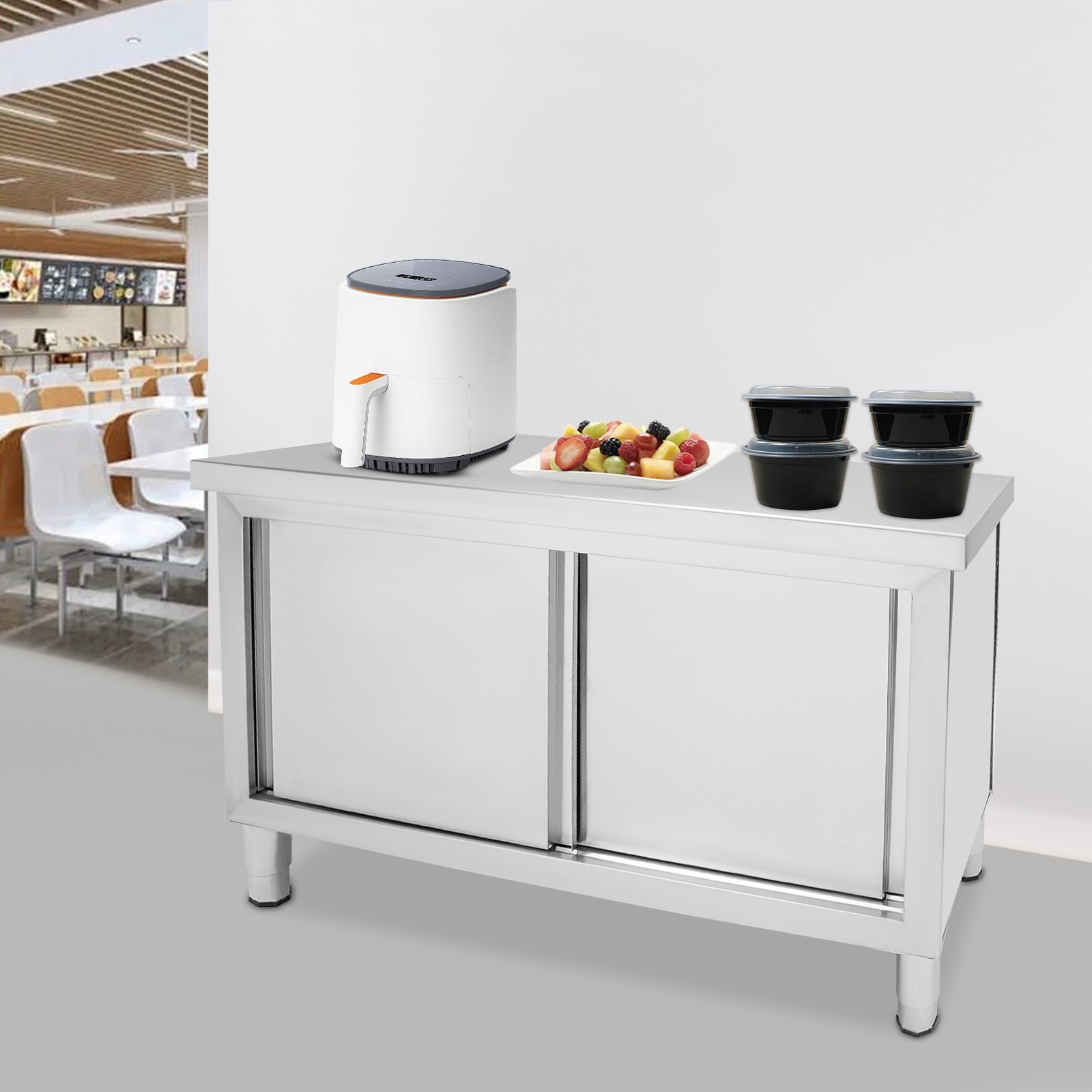 Arbeitsschrank Edelstahl 120 x 50 cm Edelstahltisch Schiebetüren 330 kg 3 Ebenen