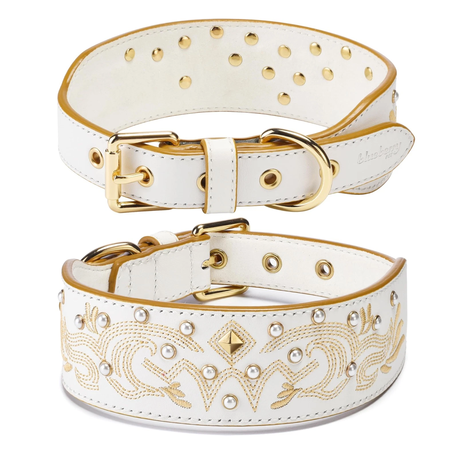Blueberry Pet Western Genuine Leather Dog Collar for Medium Breeds, Pearl Whi...