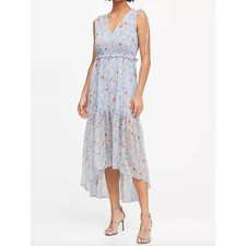 Banana Republic V-Neck Sleeveless Floral Ruched Midi Dress Size 2 High Low Hem