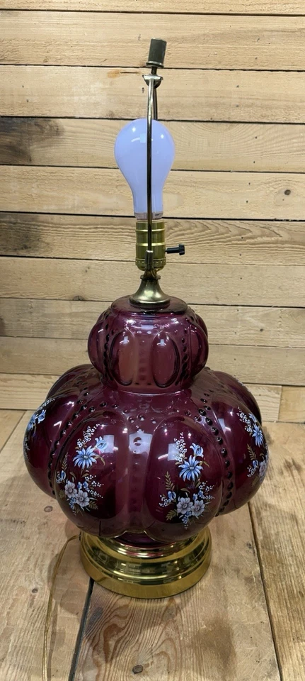 Vintage MCM Carl Falkenstein Amethyst Glass Double Bubble Lamp Floral Pattern - Image 4 of 4