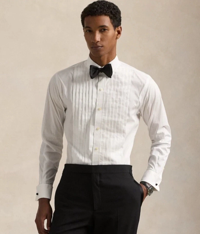 Ralph Lauren Black Label Shirt Mens 17 French Cuff White Tuxedo Made Italy Flaws - Image 3 of 4
