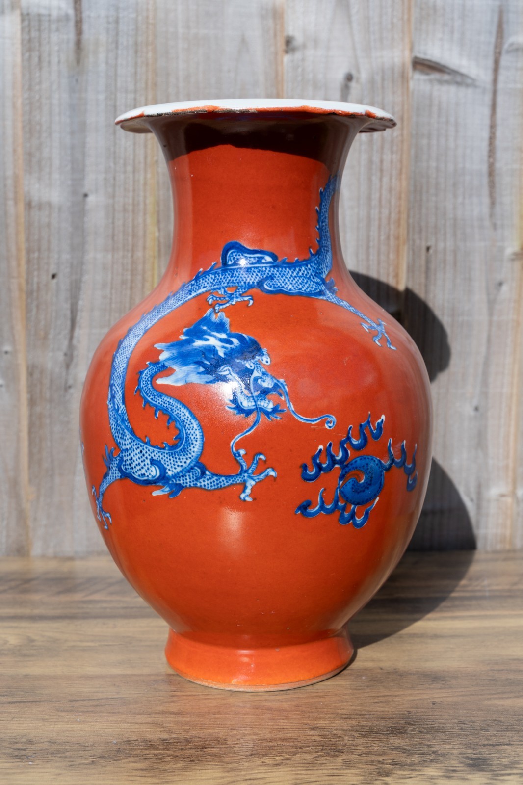 Chinese 19th Century Coral Red and Underglazed Blue Dragon Vase 37cm Tall
