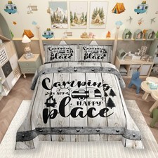 Happy Camping Comforter Set Queen Size,Wooden Plank Pine Trees Rustic Farmhou...