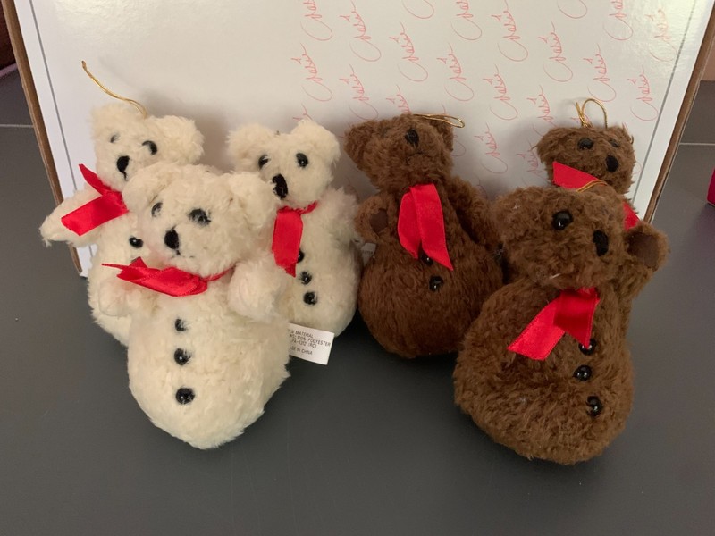 Teddy Bear Christmas Ornaments Roly Poly New 1990s Set of 6 Brown Cream Vintage