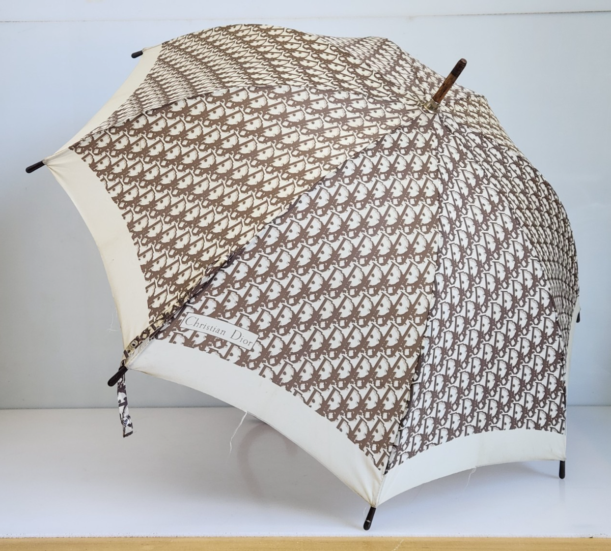 Vintage Christian Dior Brown Logo Monogram Trotter Umbrella Wooden