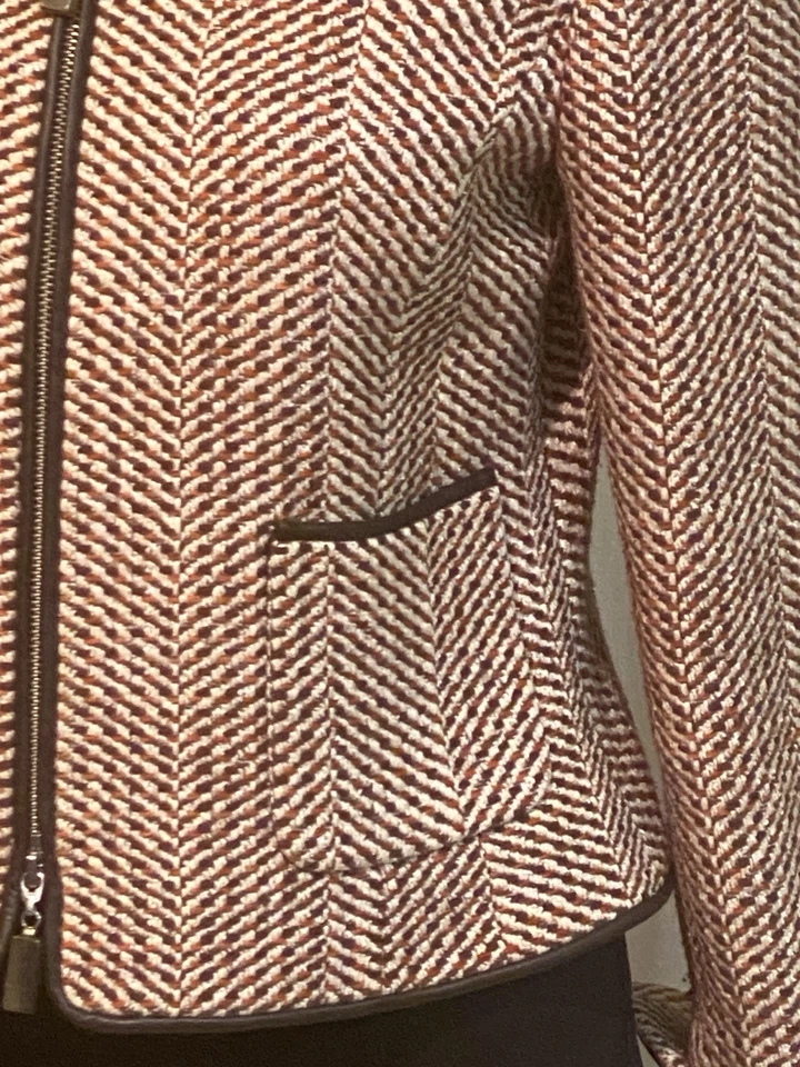 Blazer de mezcla de seda marrón y naranja de Tweed Doncaster con cierre frontal de cuero Talla 6 Foto 3 de 4