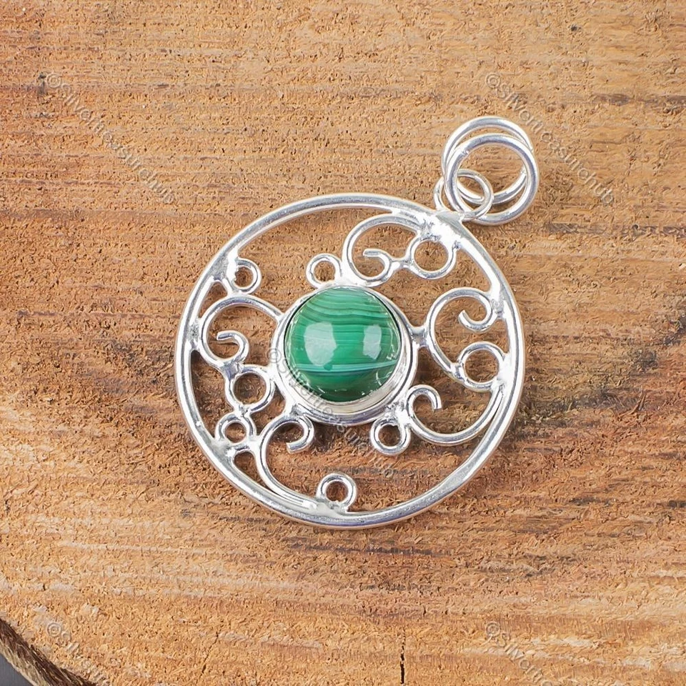 Colgante étnico artesanal de piedras preciosas redondas de malaquita joyería de plata de ley 925 Foto 4 de 4