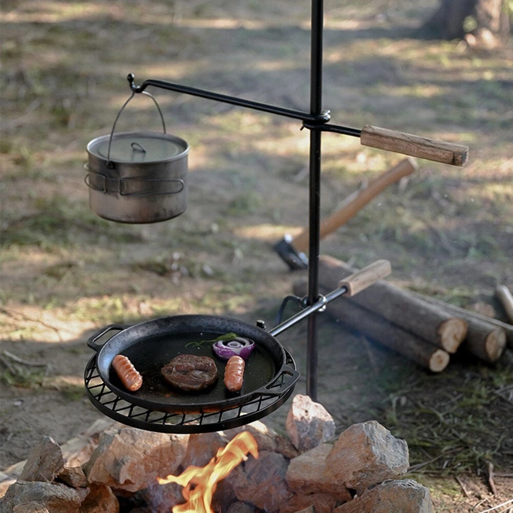 Rotating Cast Iron Campfire Cooking Grill Grate with Wooden Handle and Pot  Rack | eBay