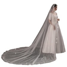 1Tier Bridal Pearl Beaded Ivory Bridal Wedding Veil Cathedral Length Off White