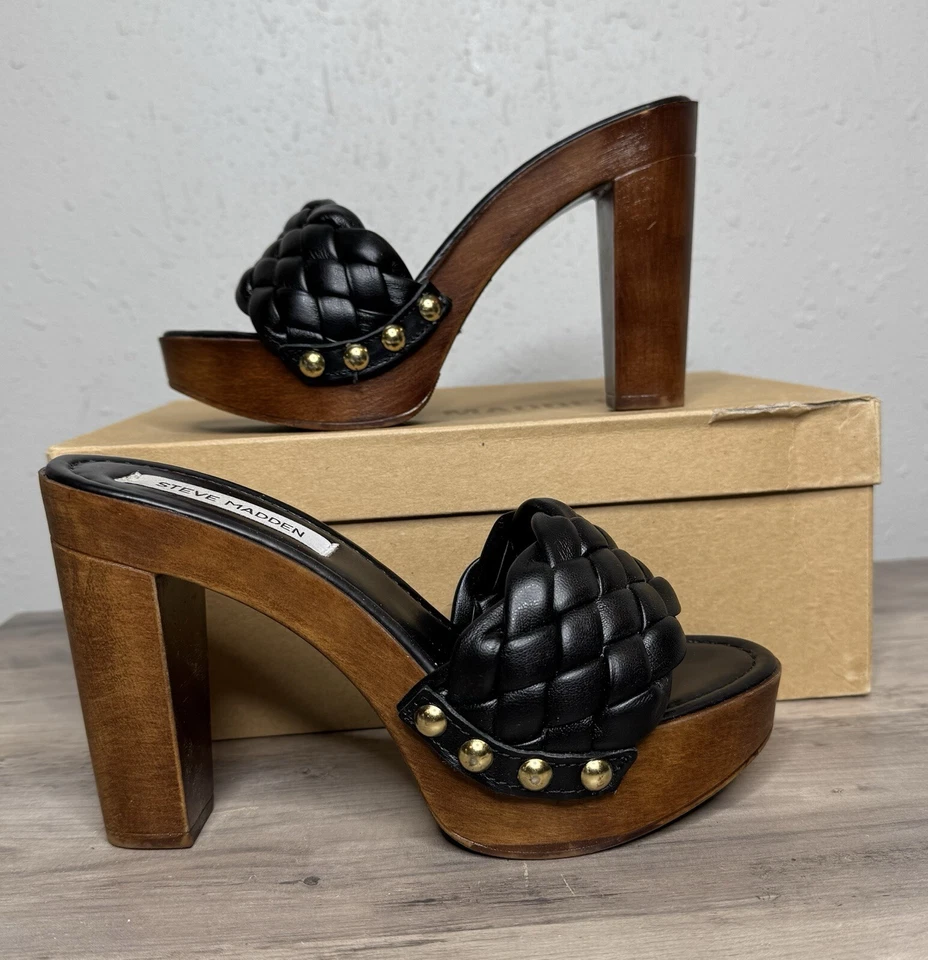 Sandalia Steve Madden Kashtyn negra tejida con plataforma con tachuelas para mujer talla 7 Foto 4 de 4