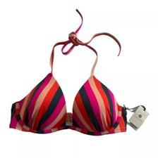 Shade  Shore Striped Halter Lined Plunge Swim Bikini Top Underwire 34C 2826